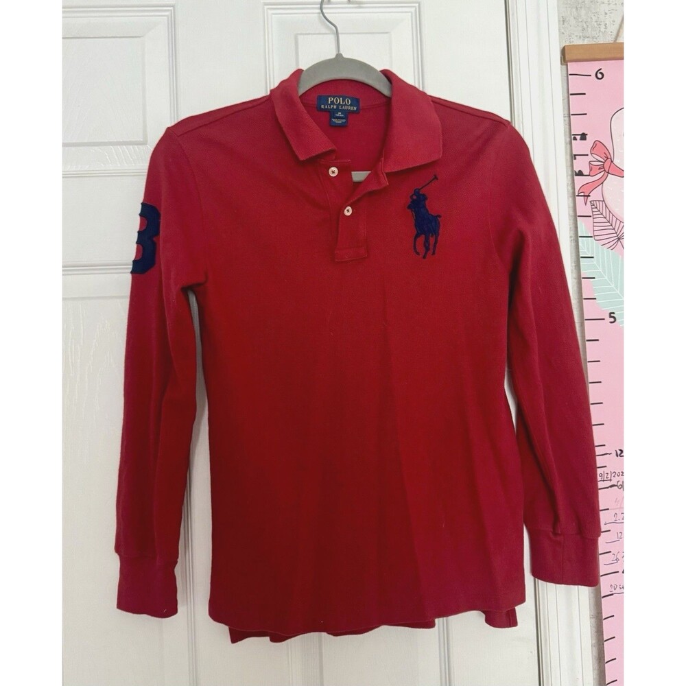 Polo Ralph Lauren Boys Kids 10-12 Red Big Logo Cotton Polo Shirt Long Sleeve
